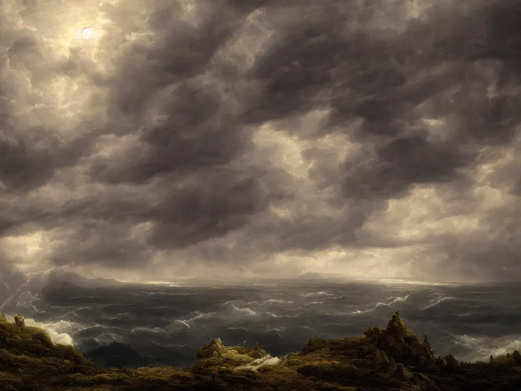 Image similar to detailed landscape, high cliff, very detailed dark super storm, hyper realistic clouds, impressive, magical, very atmospheric, smoke boiling, cinematic, deep, very high complexity, stunning, masterpiece, chiaroscuro, in the style of caspar david friedrich, very detailed. 4 k