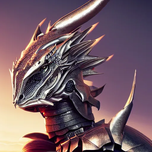 Image similar to highly detailed realistic stunning close up shot of a beautiful anthropomorphic female knight but as a dragon, doing a hot majestic pose, well designed female dragon head, armor made of steel, sharp claws, HD octane render, epic cinematography, fantasy, Artstation, Deviantart, Furaffinity