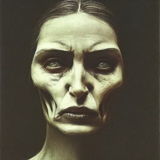 Prompt: portrait photo of a woman by Zdzislaw Beksinski, skeletal body, black eyes