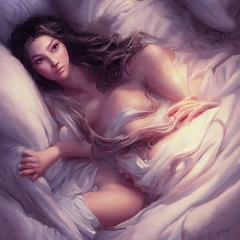 Prompt: highly detailed portrait of beautiful girl wearing night gown laying in her bed, fantasy character portrait, dynamic pose, above view, top lighting, realistic shaded, loose brush strokes, perfect face, 8 k realistic, hyper detailed, digital painting, artstation, concept art, hyper detailed eyes, top lighting, art by peter mohrbacher and artgerm