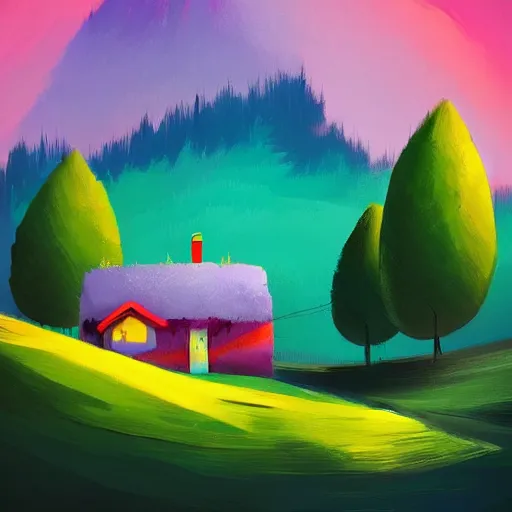 Image similar to dreamy landscape, colorful trees, little cottage, mountains, by Anton fadeev