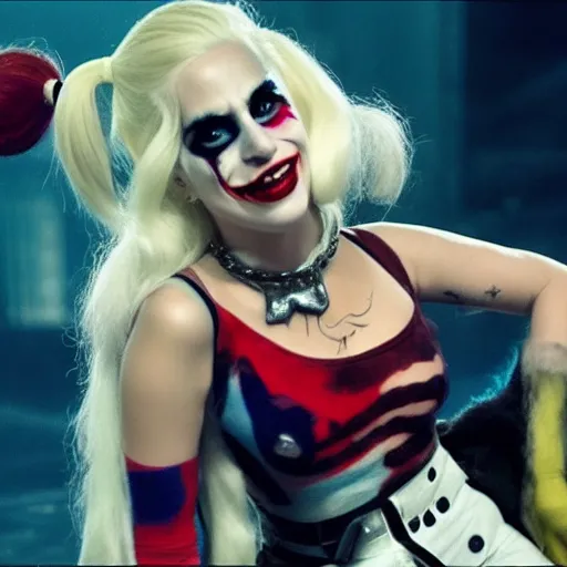 Image similar to Film still of Lady Gaga as Harley Quinn from Joker (2019)