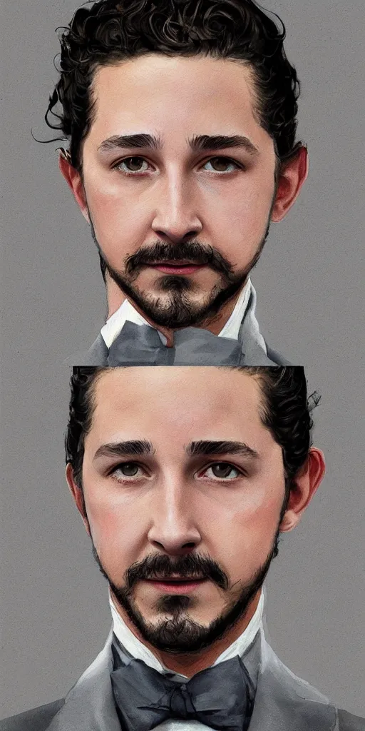 Image similar to a professional painting of Shia LaBeouf as a beautiful young prince, wearing an origami high fashion tuxedo, olive skin, buzzed short dark hair, beautiful bone structure, symmetrical facial features, intricate, elegant, digital painting, concept art, smooth, sharp focus, illustration, from Metal Gear, by Ruan Jia and Mandy Jurgens and Artgerm and William-Adolphe Bouguerea