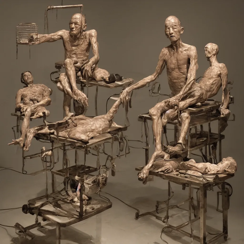 Image similar to hyperrealistic sculpture of a fossilized bronze chinese prisoner on an operating table in a cage on a pedestal, surrounded by surgeons, by ron mueck and duane hanson and lee bontecou and giacometti, hyperrealistic dramatic colored lighting trending on artstation 8 k