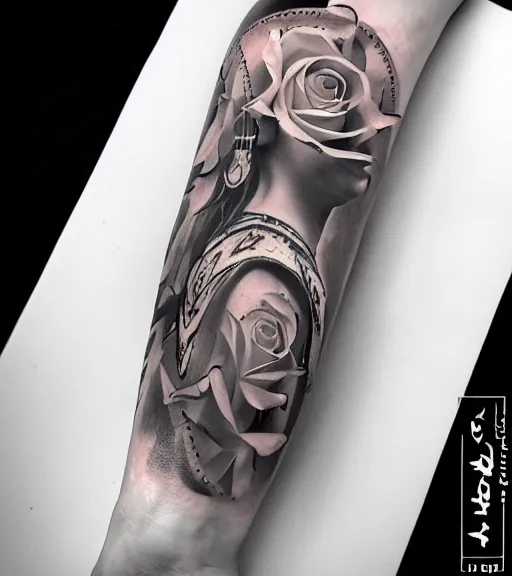 Image similar to tattoo design on white background of a beautiful girl warrior, roses, hyper realistic, realism tattoo, by eliot kohek