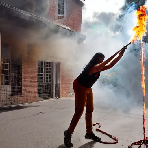 Image similar to Priti Pattel Weilding A flamethrower, firing it into a building, medium shot photo 8k ultrahd