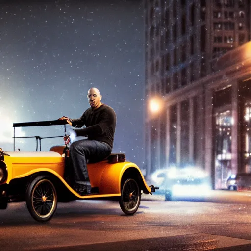 Image similar to very closeup photo of vin diesel as tommy angelo standing near ford model t, chicago 1 9 3 0, night, volumetric lighting, ultra realistic, highly detailed, cinematic, art by jan urschel and neil blevins