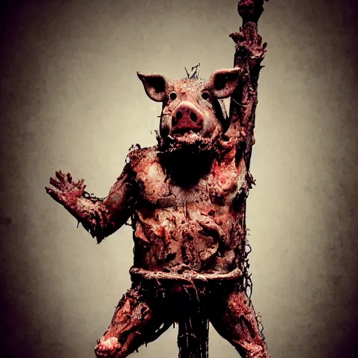 Image similar to a highly detailed realistic photographic render crucified bloody humanoid pig, bloody christ with the head of a pig, dead souls, religious sculpture, creepy, horror, horror scene, cinematic horror, creepy horror, scary scene, cinematic lighting, cinematic scene, Volumetric lighting, Atmospheric scene, Dark, Horror, Atmospheric lighting, Global illumination, realistic, photo realism, hyper realistic, hyper realism, photo realisitc, cinematic render, film, beautifully lit, ray traced, octane 3D render, octane render, unreal engine