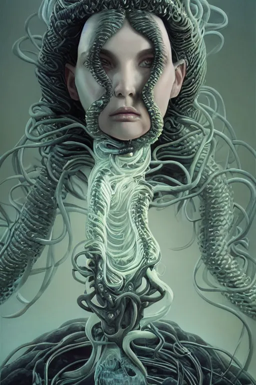 Image similar to creppy medusa wearing white silk fused with lovecraft, retro-futuristic, photo, portrait, intricate details, by vincent di fate, artgerm, julie bell, beeple and Greg Rutkowski, 80s, concept, Smooth gradients, octane render, 8k, High contrast, duo tone, depth of field, very coherent symmetrical artwork