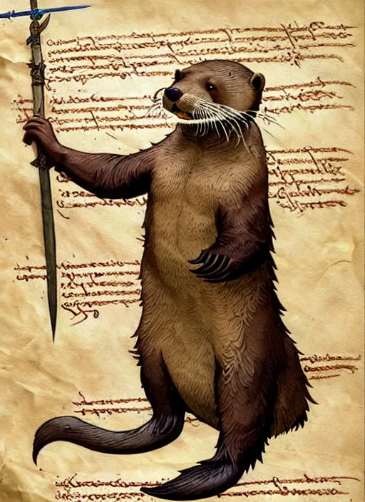 Image similar to a heroic otter scout with spear on a parchment background, redwall, greg rutowski and jean baptiste monge, detailed, epic fantasy concept art