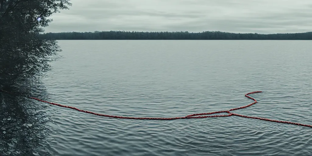 Image similar to centered photograph of a infintely long rope zig zagging across the surface of the water into the distance, floating submerged rope stretching out towards the center of the lake, a dark lake on a cloudy day, color film, trees in the background, hyper - detailed photo, anamorphic lens