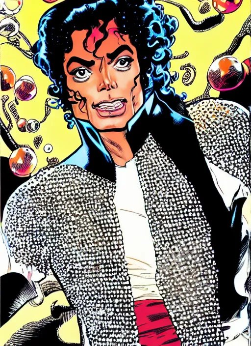 Prompt: dynamic macro head portrait of beautifu michael jackson super hero in white sequined jacket by cory walker and ryan ottley and jack kirby and barry windsor - smith, comic, illustration, photo real