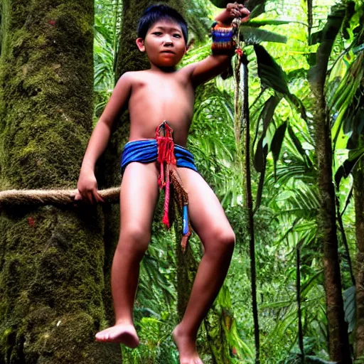 Image similar to A photograph of a young boy swinging from a lian wearing a Loincloth, ragged shirt in a rain forest