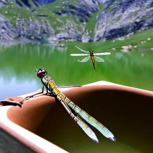 Image similar to dragonfly in a bathtub in the alps, goats!!!!!! sheeps!!! in background