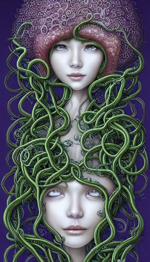 Prompt: very detailed portrait of a 2 0 years old girl surrounded by tentacles, the youg woman visage is blooming from fractal and vines, by naoto hattori