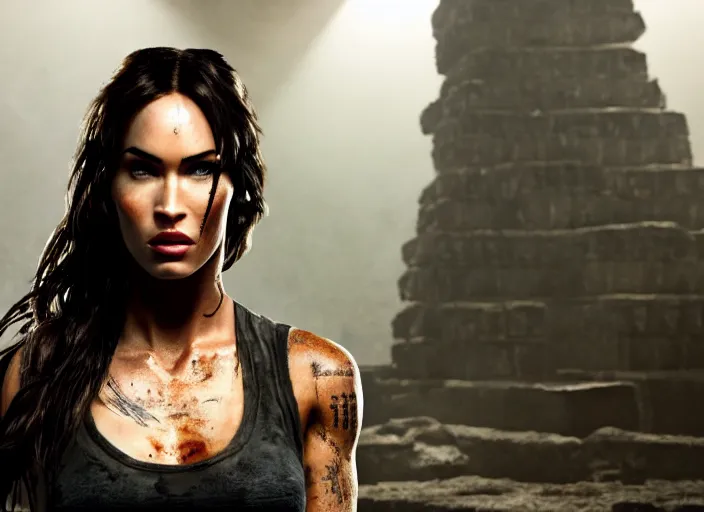 Image similar to film still of!!!! megan fox!!! as lara croft in new tomb raider movie, closeup portrait, exploring inside of aztec temple, dramatic lighting, octane, mist, volumetric lighting, 8 k