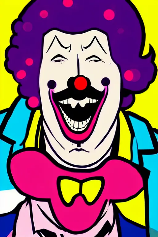 Image similar to display twitter guy wearing an blouses with clown mask. pop art, gta vice city art style, symmetrical, sharp focus, illustration, intecrate details, confident posse, art by mark millar and richard hamilton and mimmo rottela