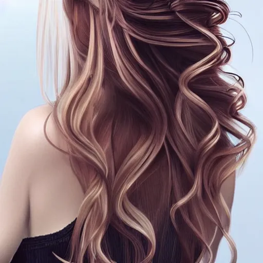 Image similar to beautiful long hairstyle, pinterest hair picture, back of the hair, photograph, 3d render, highly realistic, concept art, highly detailed-H 704