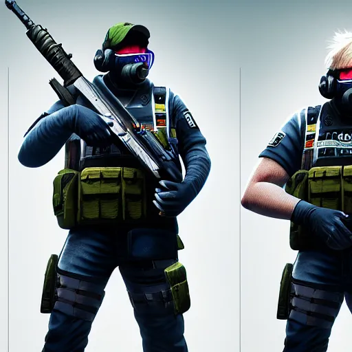 Image similar to boris johnson as a rainbow six siege operator, 4 k, highly detailed