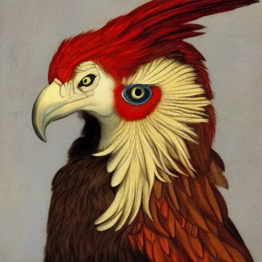 Image similar to a side portrait of a red bearded vulture, award winning, in the style of roberto ferri, Arnold bocklin, and austin osman spare, a fantasy gryphon, highly detailed