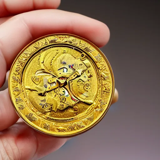 Prompt: a gold coin with a clock face printed on it, complex, high detail, close up