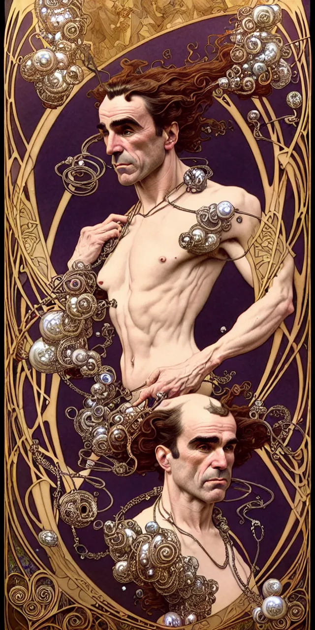 Image similar to handsome daniel day lewis art nouveau fantasy character portrait, ultra realistic, intricate details, the fifth element artifacts, highly detailed by peter mohrbacher, hajime sorayama, wayne barlowe, boris vallejo, aaron horkey, gaston bussiere, craig mullins alphonse mucha, art nouveau curves swirls and spirals, flowers pearls beads crystals jewelry goldchains scattered