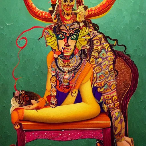 Image similar to a painting of a demon sitting on top of a chair, a detailed painting by ram chandra shukla, pixiv contest winner, bengal school of art, detailed painting, maximalist, art on instagram