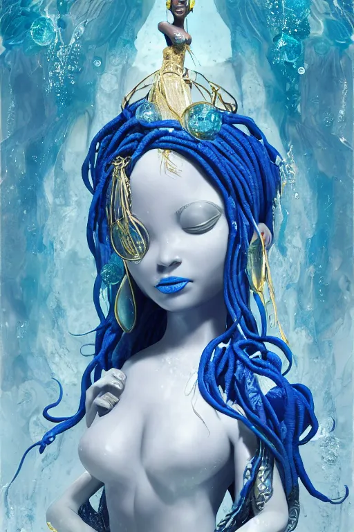 Image similar to epic 3 d yemaya, caring african goddess, liquid hands and feet spinning, 2 0 mm, with cerulean and white foam melting smoothly into asymmetrical bubbles and seashells, liquid, delicate, intricate, houdini sidefx, trending on artstation, by jeremy mann and ilya kuvshinov, jamie hewlett and ayami kojima