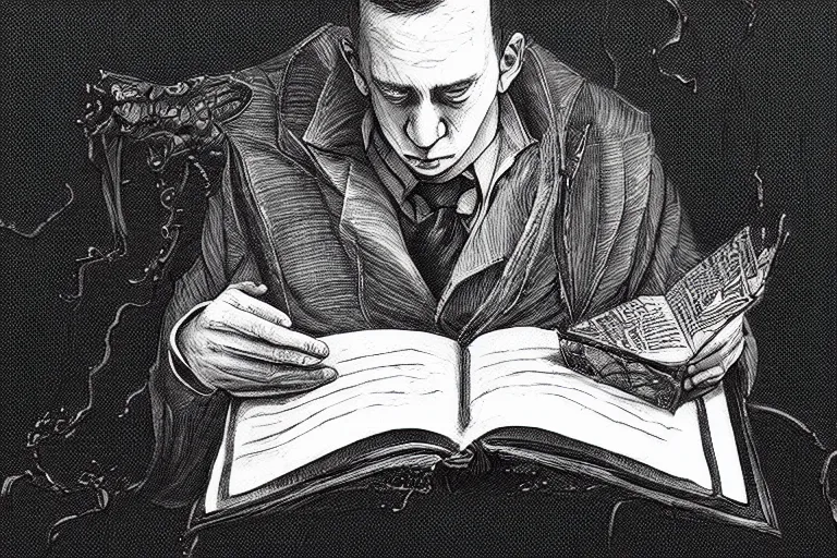 Image similar to “ a extremely detailed stunning portraits of hp lovecraft reading necronomicon by allen william on artstation ”