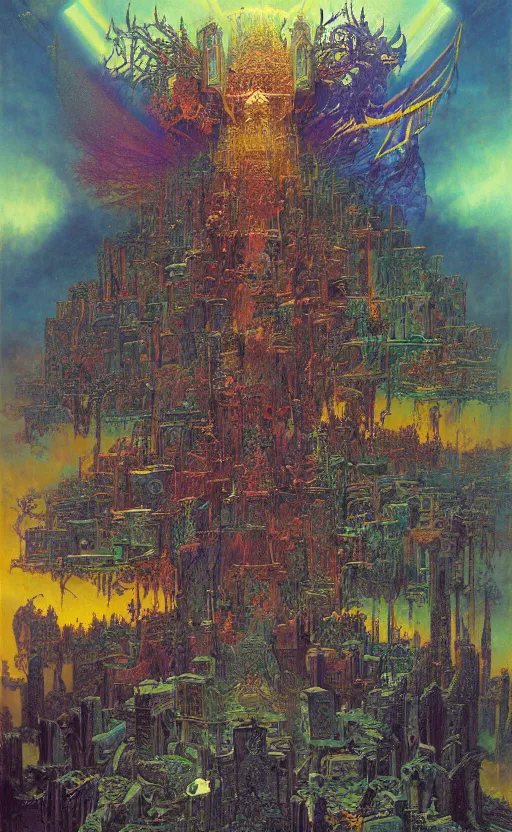 Prompt: epic omnious academic drawing of three levels of wh40k chaotic deities/gods/demiurges organized into a vertical hierarchy in vivid iridescent warp heaven by James Gurney, Zdislaw Beksinski, Alex Gray, Greg Rutkowski, Robert McCall