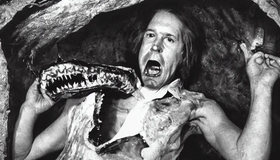 Image similar to 70s movie still close-up portrait of a man with a taxidermic bloody jaws and meat dress in a liminal space style tunnel, early black and white 8mm, heavy grain, high quality,