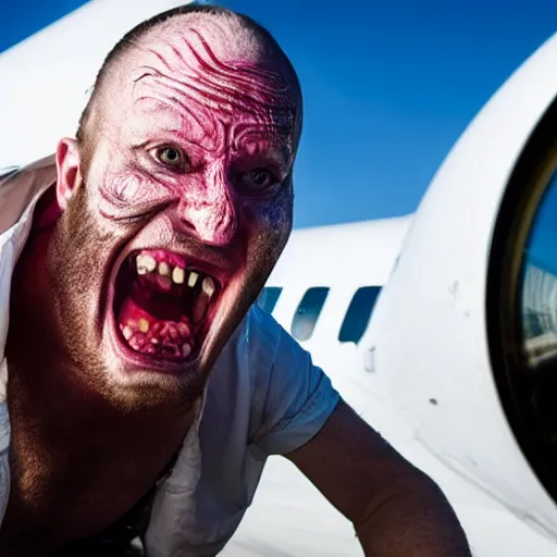 Image similar to photo of an extremely scared man walking outside of an airplane in mid-air, horror face, highly detailed skin, highly detailed face