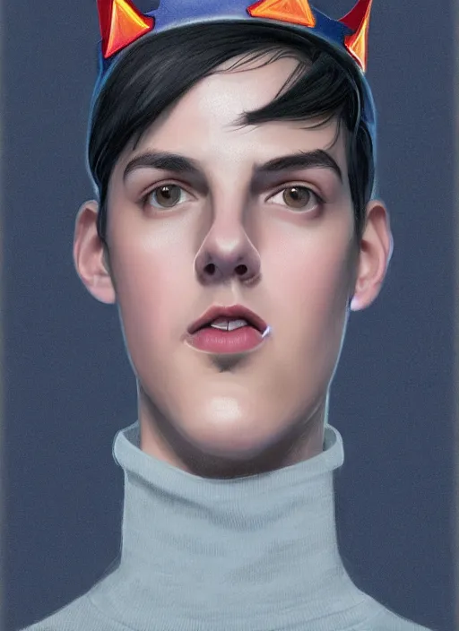 Image similar to portrait of teenage jughead jones wearing a light grey crown, crown, blue turtleneck, 1 9 5 0 s, closed eyes, photorealistic, black hair, glowing lighting, intricate, elegant, glowing lights, highly detailed, digital painting, artstation, concept art, smooth, sharp focus, illustration, art by wlop, mars ravelo and greg rutkowski