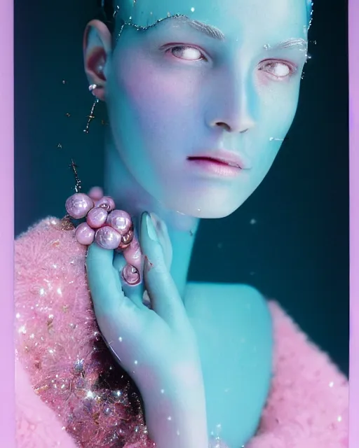 Prompt: natural light, soft focus portrait of an android with soft synthetic pink skin, blue bioluminescent plastics, smooth shiny metal, elaborate ornate head piece, piercings, skin textures, by annie leibovitz, paul lehr