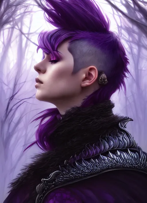 Prompt: side portrait crow, adventurer outfit large cloak, fantasy forest landscape, dragon scales, fantasy magic, undercut hairstyle, short purple black fade hair, dark light night, intricate, elegant, sharp focus, illustration, highly detailed, digital painting, concept art, matte, art by WLOP and Artgerm and Greg Rutkowski and Alphonse Mucha, masterpiece