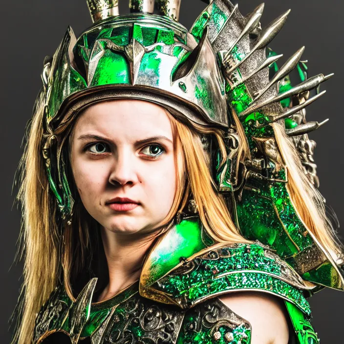 Prompt: photo of a cute beautiful warrior queen wearing emerald encrusted armour, highly detailed, 4 k, hdr, smooth, sharp focus, high resolution, award - winning photo
