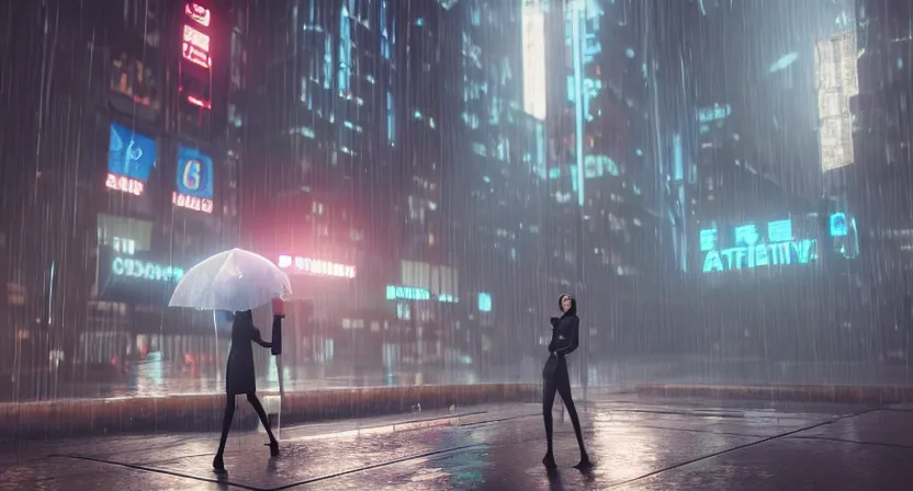 Image similar to a girl holding a umbrella in a rainy cyberpunk city, unreal engine, volumetric lighting, 4k