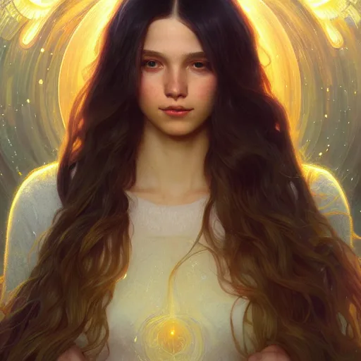 Image similar to aurora, girl with super long hair, hair becoming bright stars, intricate, highly detailed, digital painting, artstation, concept art, smooth, sharp focus, illustration, unreal engine 5, 8 k, art by artgerm and greg rutkowski and alphonse mucha