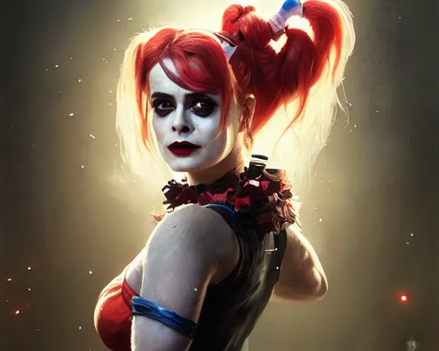 Image similar to highly detailed portrait of helena bonham carter as harley quinn, in injustice 2, stephen bliss, unreal engine, fantasy art by greg rutkowski, loish, rhads, ferdinand knab, makoto shinkai and lois van baarle, ilya kuvshinov, rossdraws, tom bagshaw, global illumination, radiant light, detailed and intricate environment