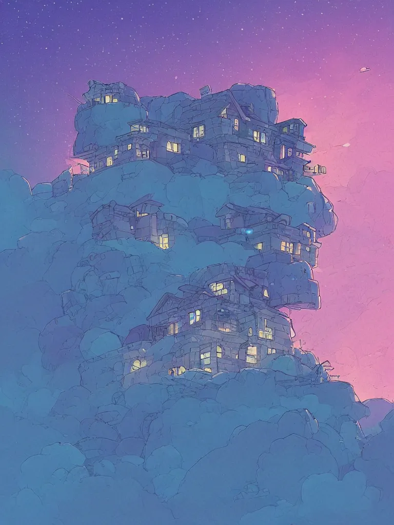 Prompt: a digital art of a small house on the cliff, a huge icy blue moon, a purple sky full of small stars, by laurie greasley, artstation, studio ghibli color scheme, light effect, highly detailed, by anton fadeev