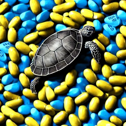 Image similar to a turtle crawling in a pile of adderall pills