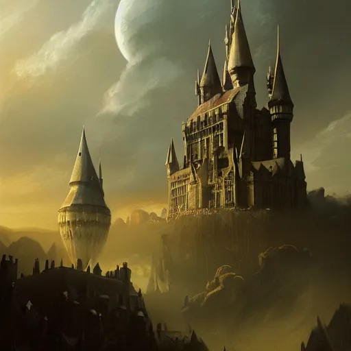 Prompt: a victorian hogwarts castle floating in the sky surrounded by clouds, airships passing through it's alleyways, evening lighting, fantasy, steampunk, artstation, concept art, intricate, in style of greg rutkowski