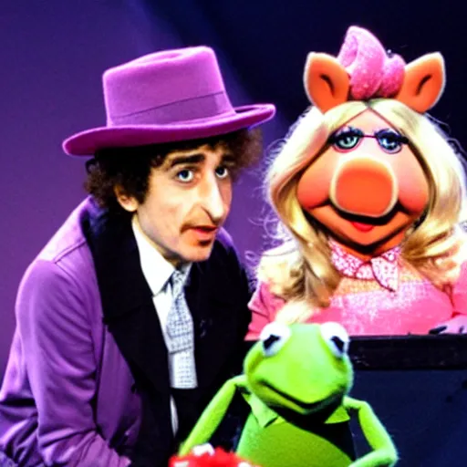 Prompt: miss piggy cheating on kermit the frog with bob dylan