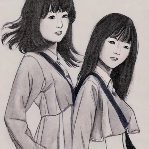 Image similar to a perfect, realistic professional digital sketch of two Japanese schoolgirls posing, 1970s, in style of Marvel, full length, by pen and watercolor, by a professional American senior artist on ArtStation, a high-quality hollywood-style sketch, on high-quality paper