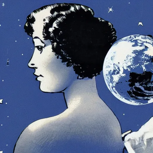 Image similar to woman and man against the background of the planet mercury in blue and white