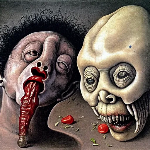 Image similar to a boy like eraserhead and elephant man sitting in a tub full of tomato sauce, looking straight into camera, screaming in desperation, by giuseppe arcimboldo and ambrosius benson, renaissance, fruit, intricate and intense oil paint, a touch of beksinski and hr giger and edward munch, realistic