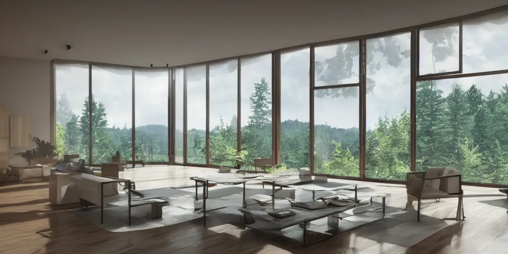 Image similar to architecture render of interior of a beautiful modern home, large windows with a beautiful view of a forest, realistic, hd, 8 k, digital rendering, unreal engine, blender, octane, maya