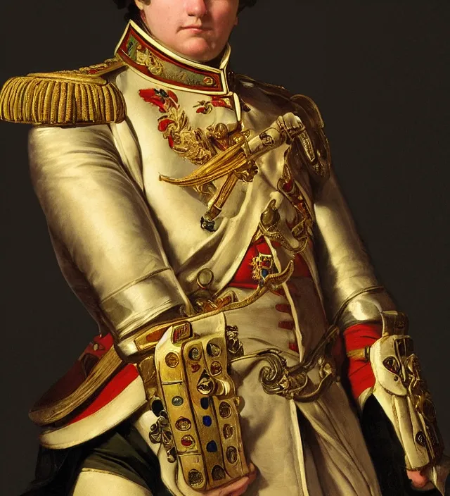Image similar to portrait of emperor napoleon wearing a traditional nineteenth century french empire military uniform, metal shoulder pauldrons, intricate, highly detailed, digital painting, artstation, concept art, sharp focus, cinematic lighting, illustration, art by artgerm and greg rutkowski, alphonse mucha, cgsociety