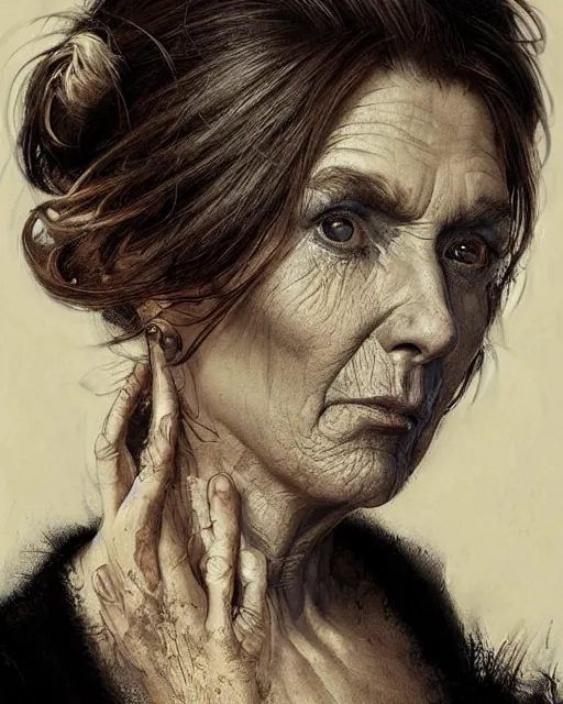 Image similar to portrait 6 0 - year - old woman, tall, severe - looking, with dark hair tied up in a bun, wearing black clothes, hyper realistic face, beautiful eyes, fantasy art, in the style of greg rutkowski, intricate, alphonse mucha, hyper detailed, smooth