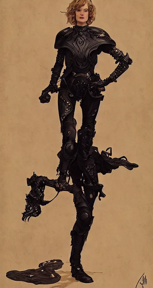 Image similar to mackenzie davis actress wearing black armour with bare legs, mucha, hard shadows and strong rim light, art by jc leyendecker and atey ghailan and sachin teng